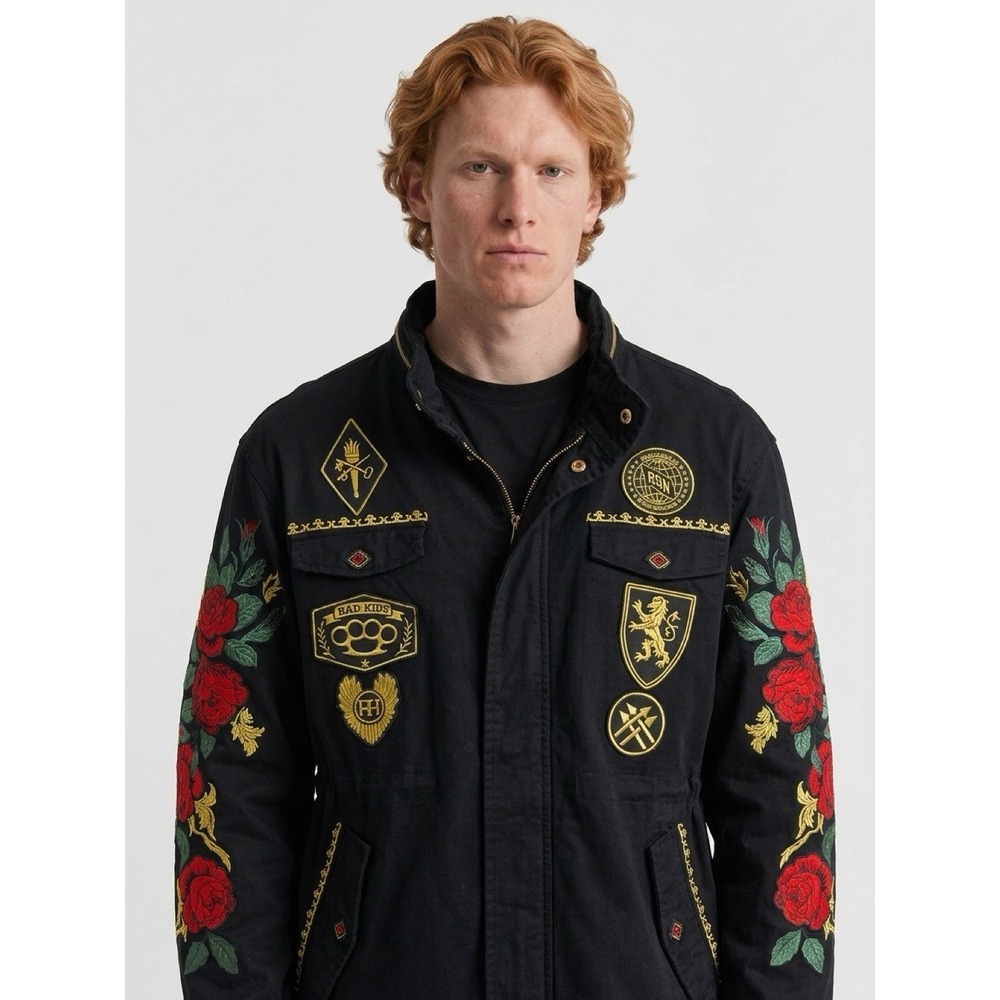 (12/b50)Reason Clothing Mens Black Embroidered Rose Tiger Field Jacket Size Xl